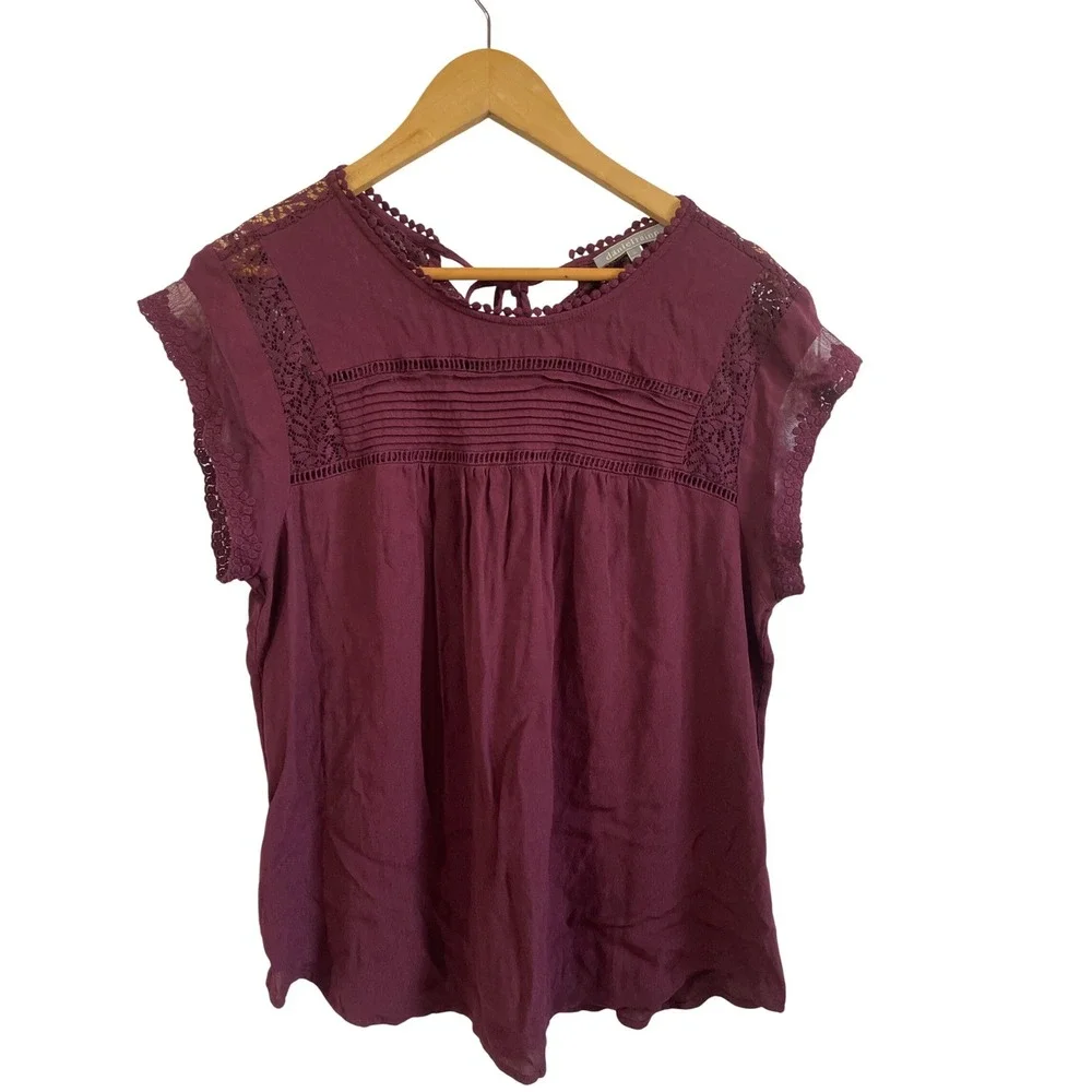 Daniel Rainn Womens XL Plum Lace Trim Pin-tuck Cap Sleeve Rayon Blouse